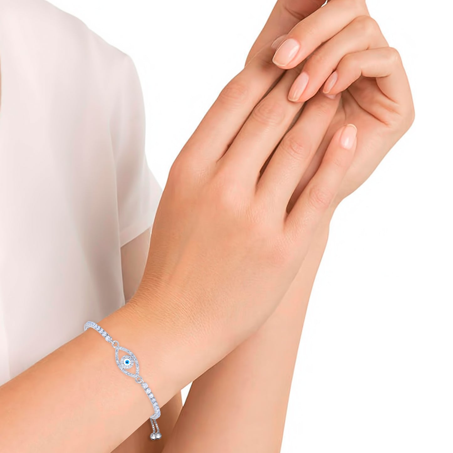 Silver Plated Cubic Zirconia Evil Eye Adjustable Bracelet