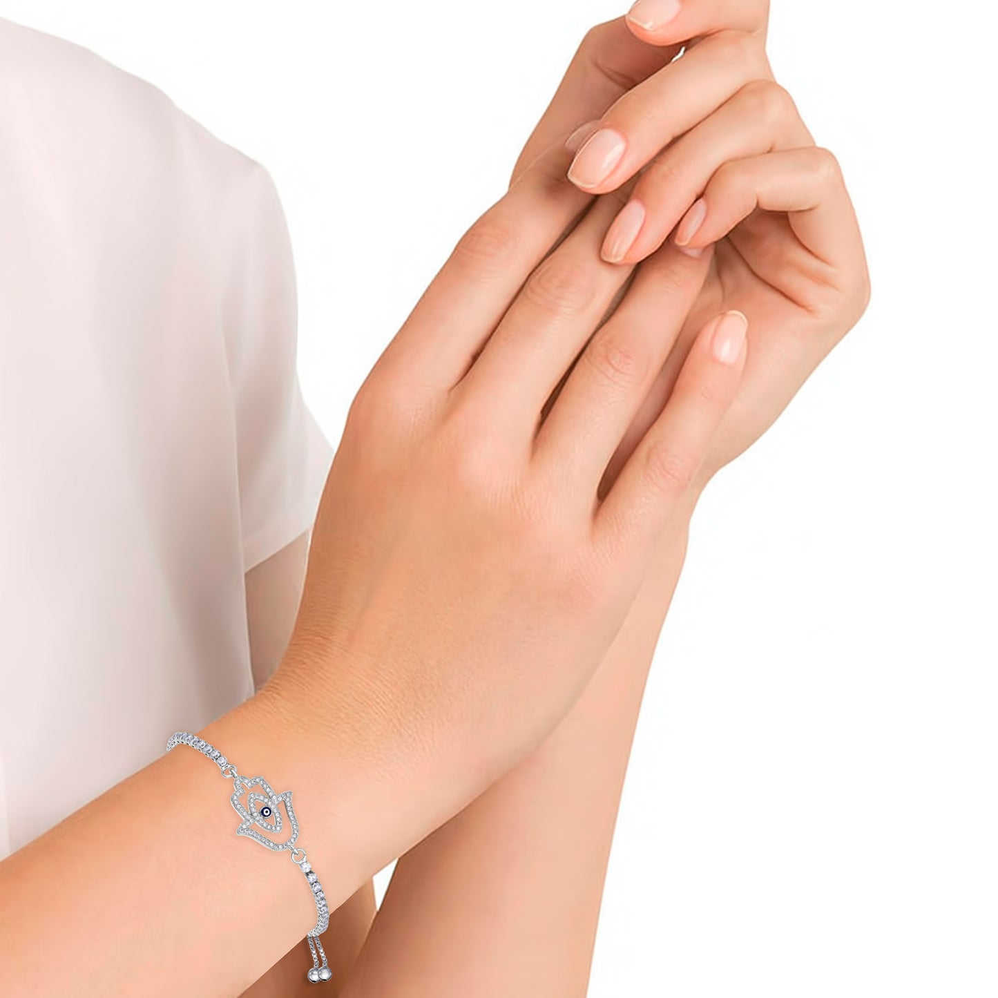 Silver Plated Cubic Zirconia Hamsa Adjustable Bracelet