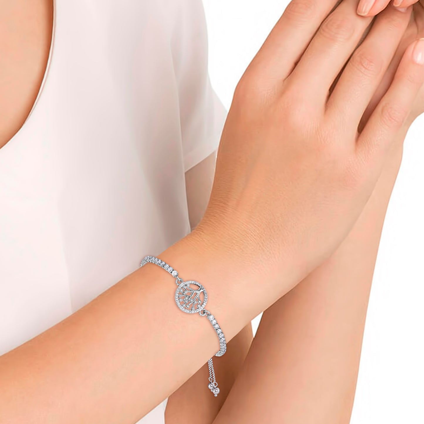 Silver Plated Cubic Zirconia Tree of Life Adjustable Bracelet