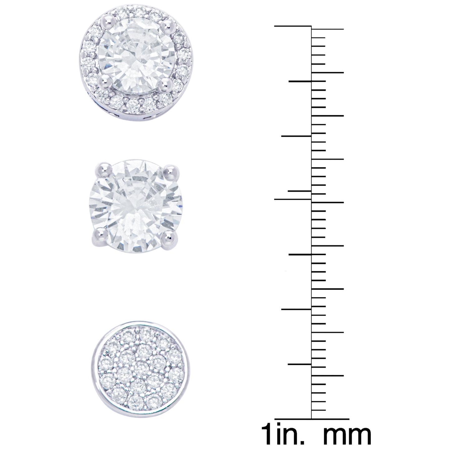 Silver Plated 6MM Round, Halo, & 5MM CZ Stud Earring Set