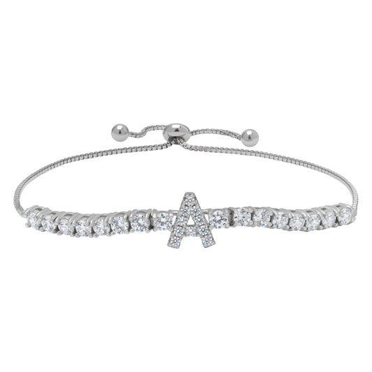 Sterling Silver Cubic Zirconia Initial Adjustable Bracelet- A