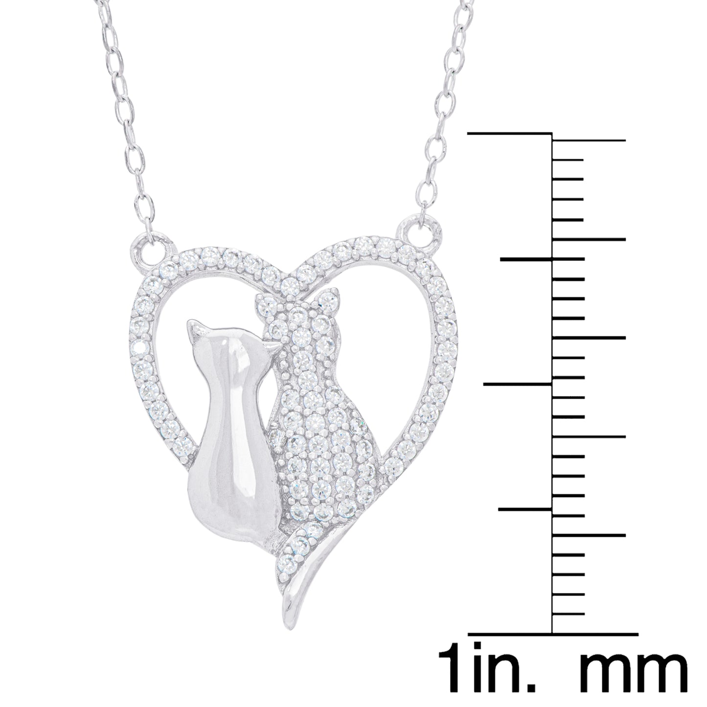 Sterling Silver Cubic Zirconia Double Cat in Heart Necklace