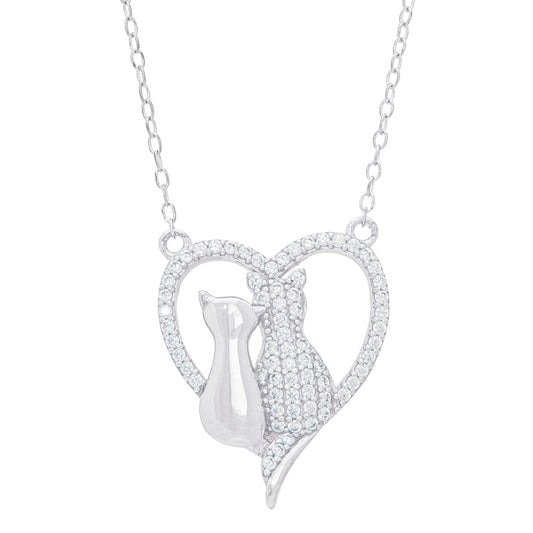 Sterling Silver Cubic Zirconia Double Cat in Heart Necklace