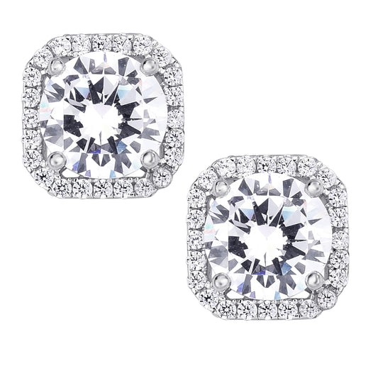 Sterling Silver Clear Cubic Zirconia Cushion Stud Earrings