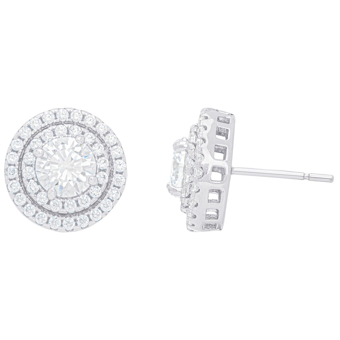 Sterling Silver Clear Cubic Zirconia Round Halo Earrings