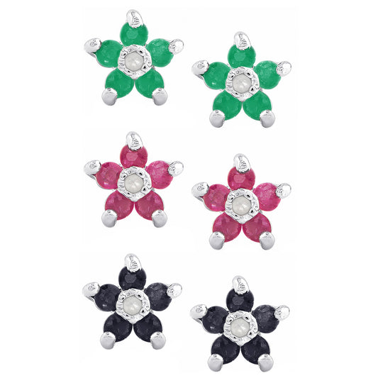 Sterling Silver Ruby, Sapphire, Emerald Gemstone Flower Earring Set