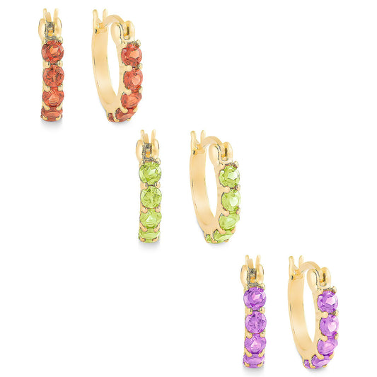 18K Gold Over Sterling Silver Amethyst, Peridot, Garnet Gemstone 3 Hoop Set