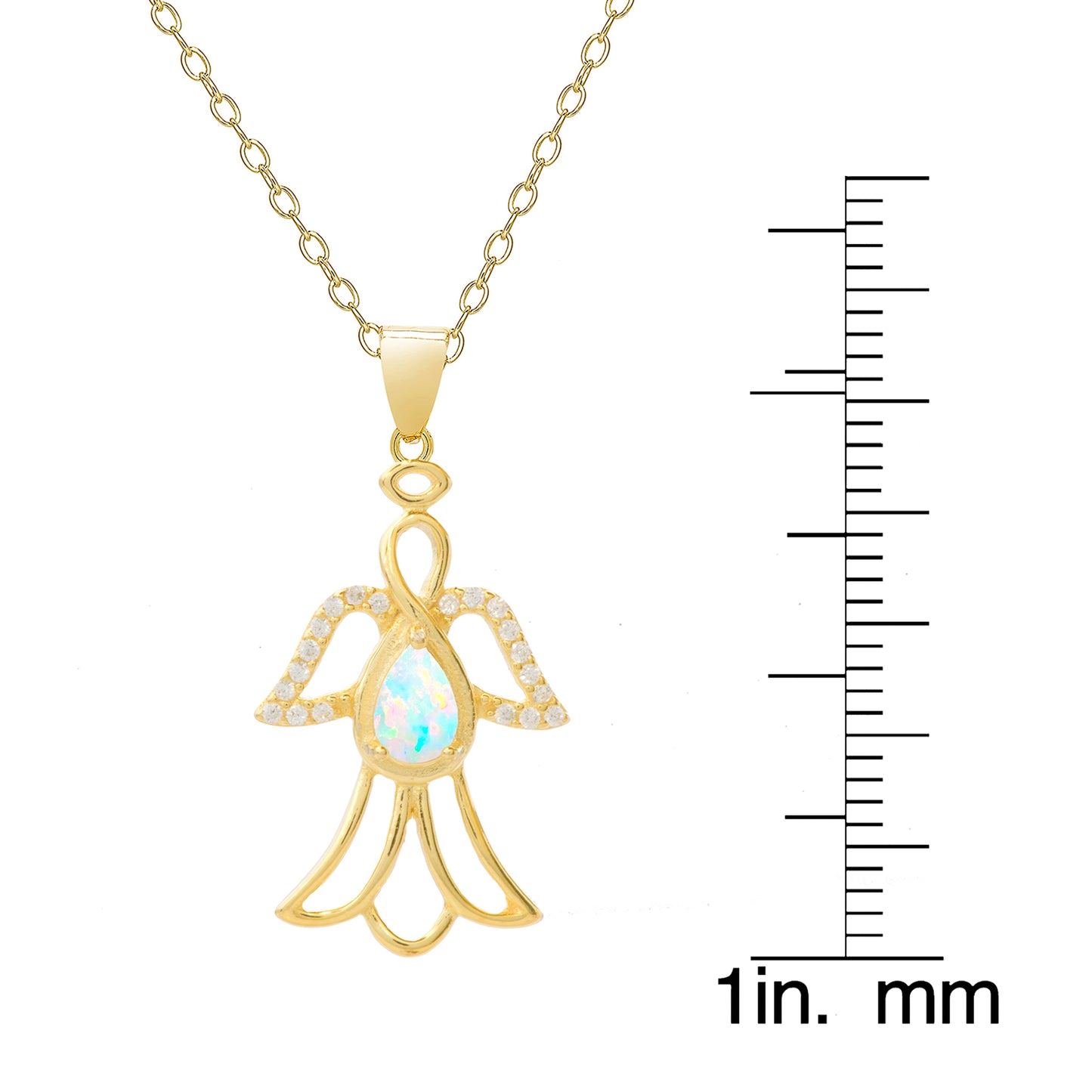 18K Gold Over Sterling Silver CZ & Lab Opal Gemstone Angel Pendant