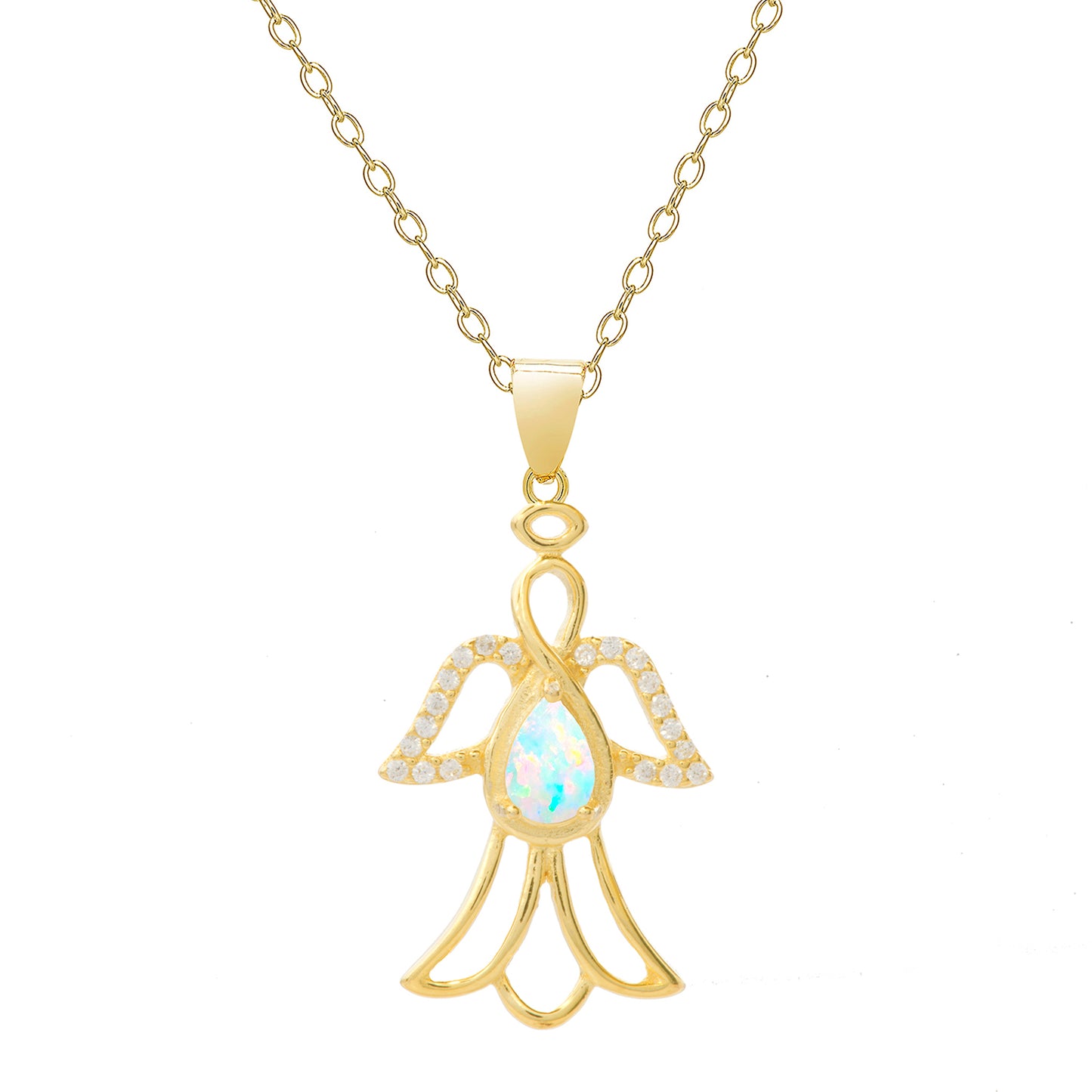 18K Gold Over Sterling Silver CZ & Lab Opal Gemstone Angel Pendant