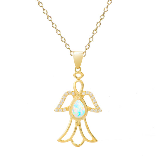 18K Gold Over Sterling Silver CZ & Lab Opal Gemstone Angel Pendant