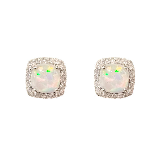 Sterling Silver Lab Opal & Cubic Zirconia Halo Stud Earrings