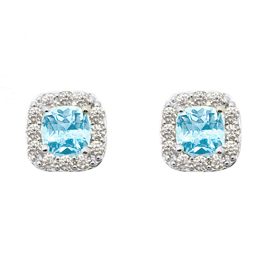 Sterling Silver Blue Topaz Gemstone & Cubic Zirconia Cushion Halo Stud Earrings