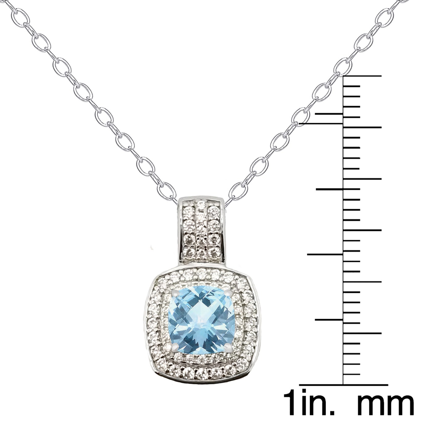 Sterling Silver Gemstone Blue Topaz & CZ Cushion Halo Pendant