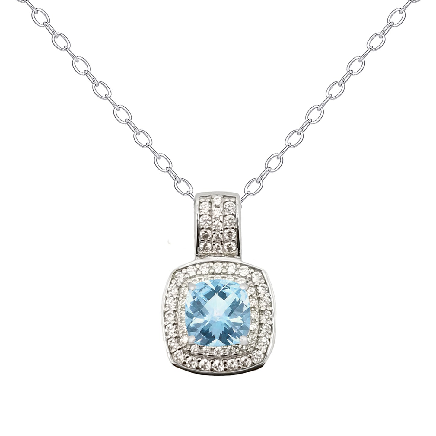 Sterling Silver Gemstone Blue Topaz & CZ Cushion Halo Pendant