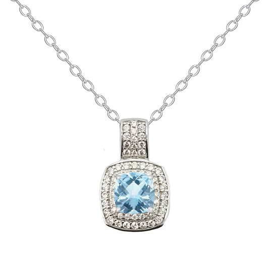 Sterling Silver Gemstone Blue Topaz & CZ Cushion Halo Pendant