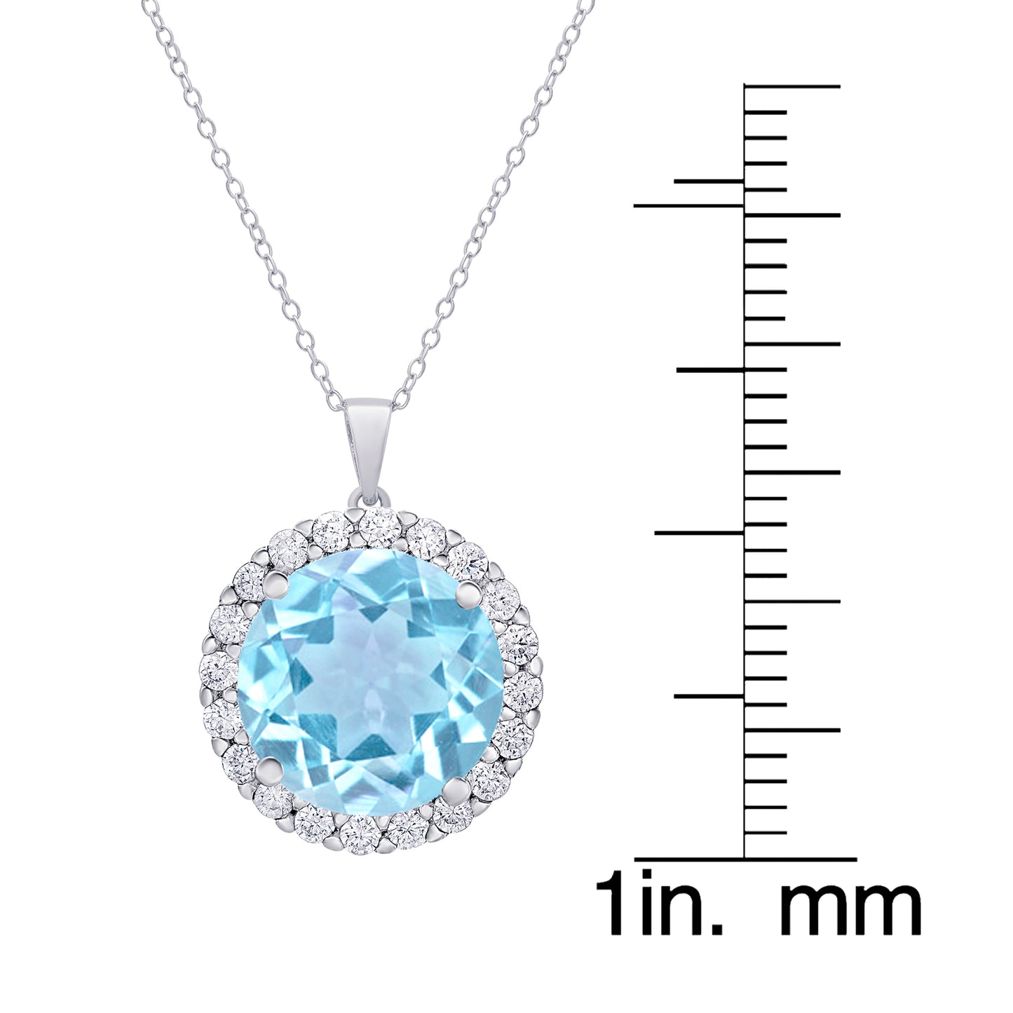 Sterling Silver CZ & Gemstone Blue Topaz Round Halo Pendant