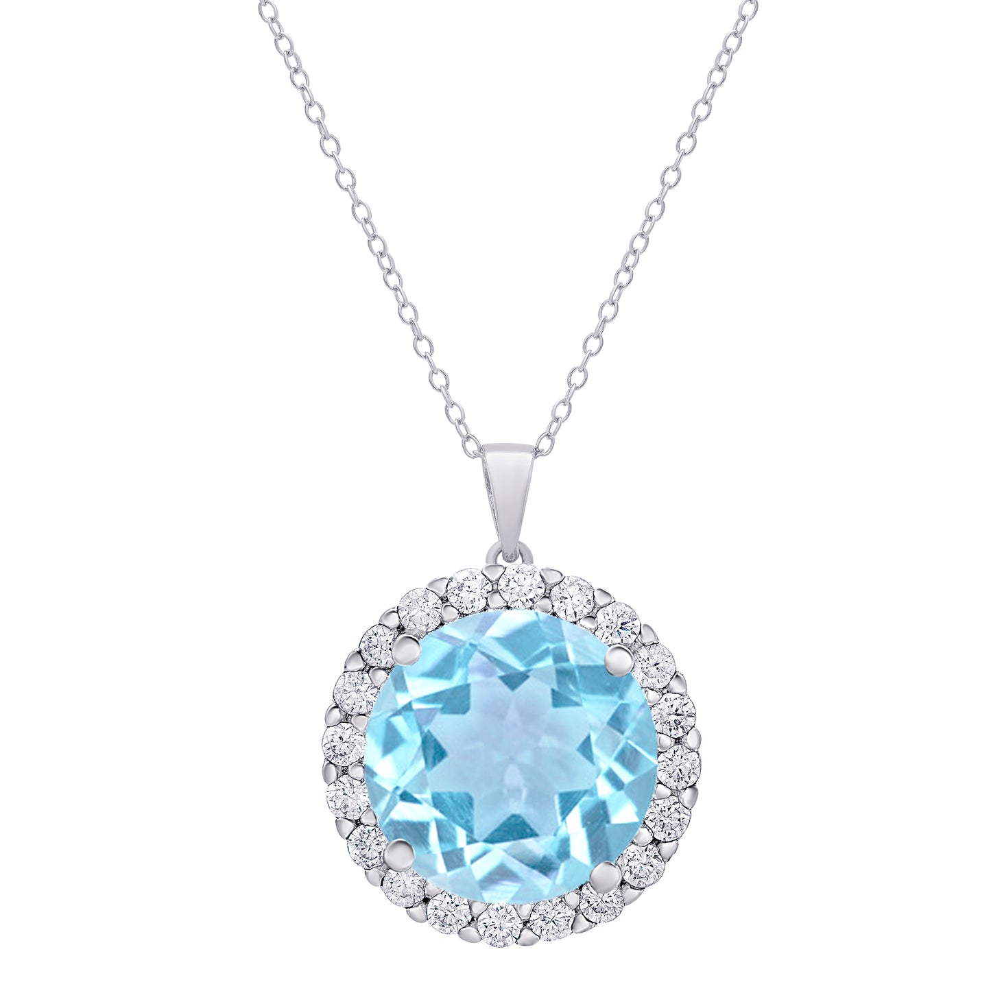 Sterling Silver CZ & Gemstone Blue Topaz Round Halo Pendant