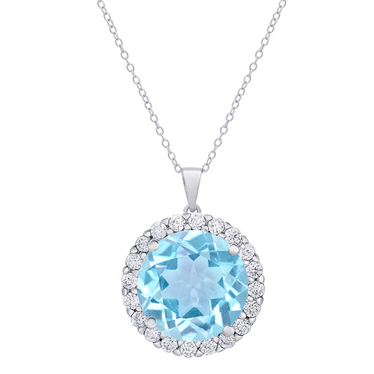 Sterling Silver CZ & Gemstone Blue Topaz Round Halo Pendant