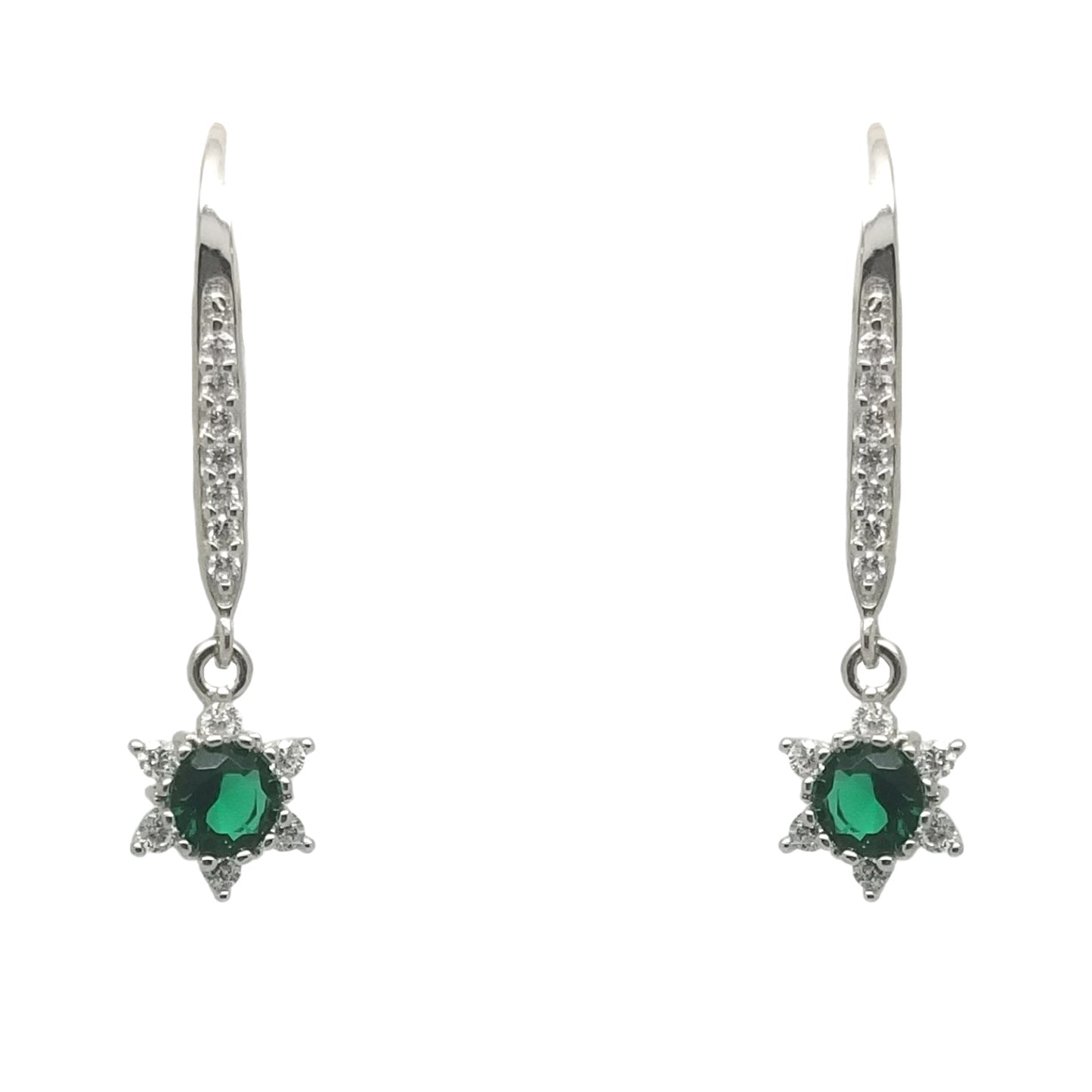 Sterling Silver Cubic Zirconia & Lab Emerald Flower Lever back Earrings