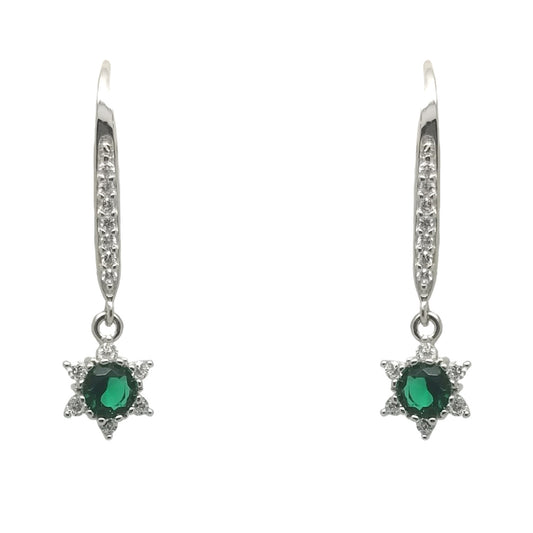 Sterling Silver Cubic Zirconia & Lab Emerald Flower Lever back Earrings