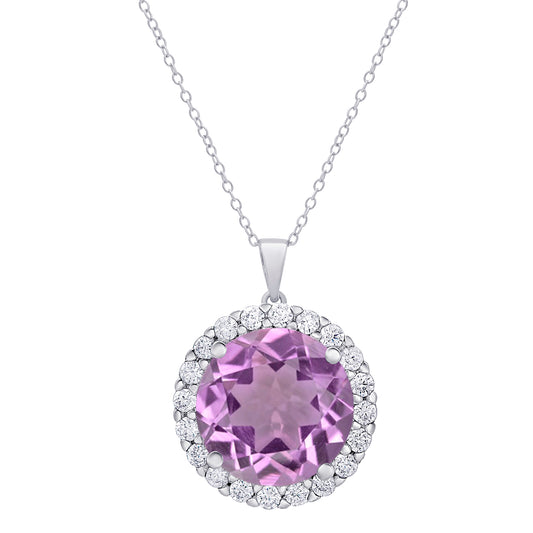 Sterling Silver CZ & Gemstone Amethyst Halo Pendant