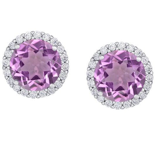 Sterling Silver Cubic Zirconia & Gemstone Amethyst Halo Round Stud Earrings