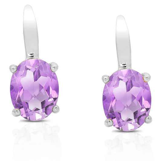 Sterling Silver Genuine Gemstone Amethyst Oval Lever back Earrings