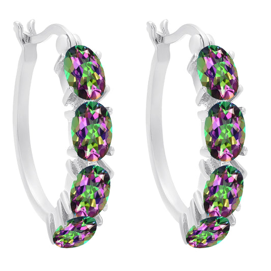 Sterling Silver Lab Mystic Gemstone Oval Hoop Earrings