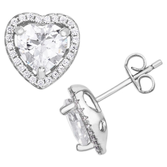 Sterling Silver Cubic Zirconia Halo Heart Stud Earrings