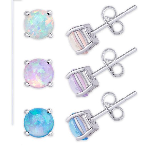 Sterling Silver 3 Pc Opal Gemstone Stud Earrings