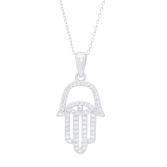 Sterling Silver Hamsa Hand Cubic Zirconia Pendant