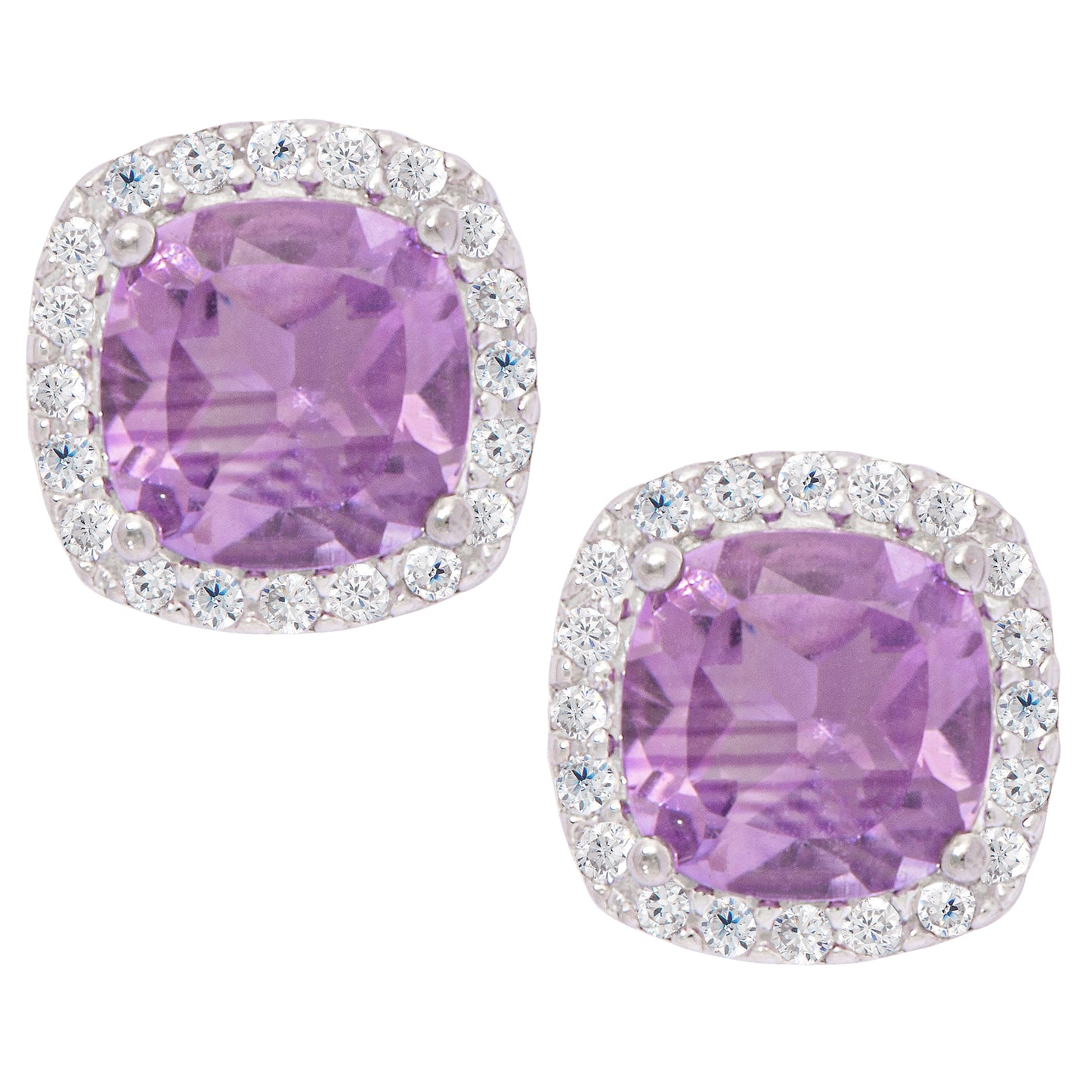 Sterling Silver Amethyst Gemstone & CZ Cushion Stud Earrings