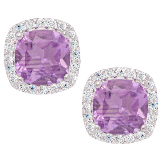 Sterling Silver Amethyst Gemstone & CZ Cushion Stud Earrings