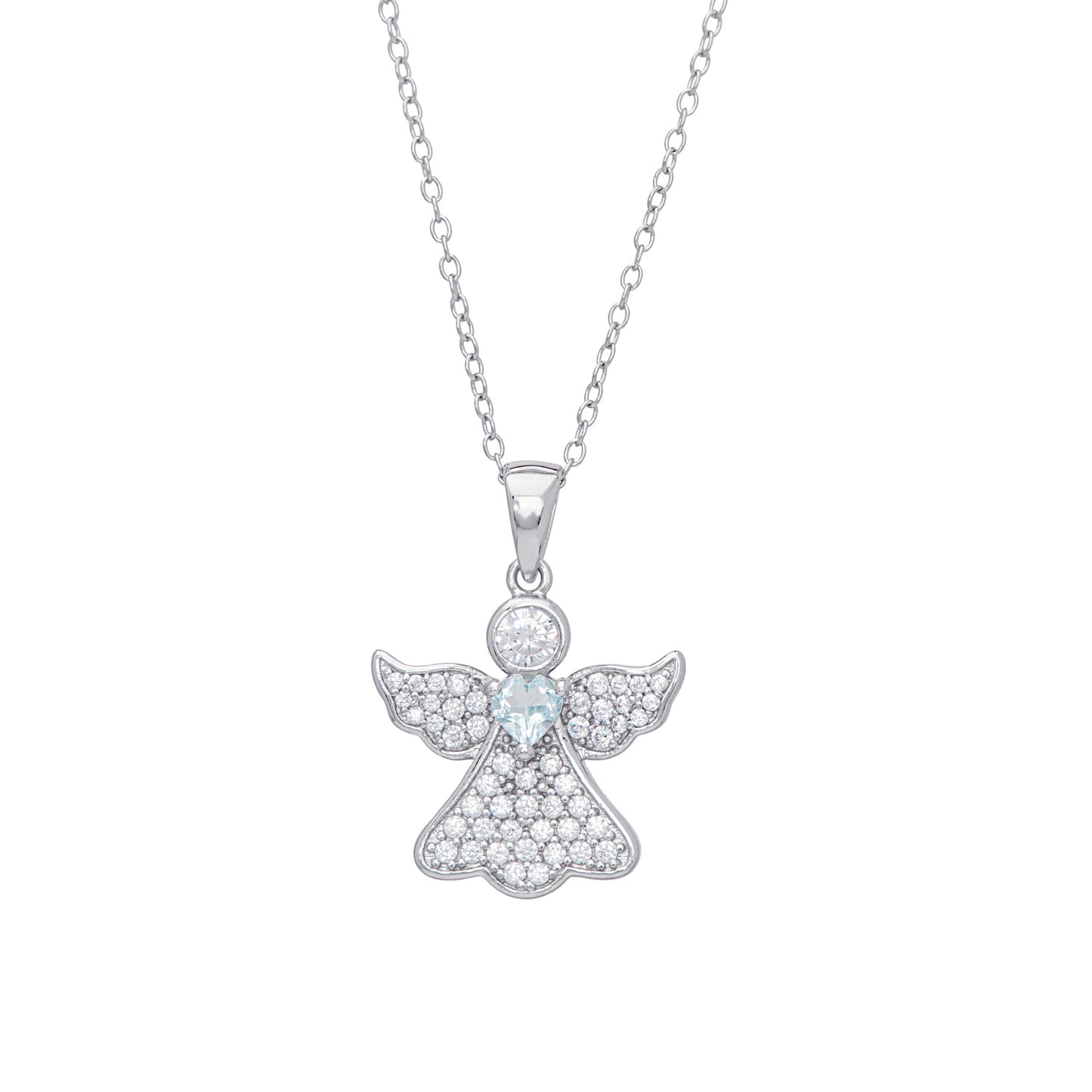 Sterling Silver Gemstone Blue Topaz & CZ Angel Pendant