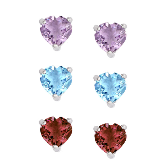 Sterling Silver Amethyst Blue Topaz Garnet Gemstone Heart Stud Set