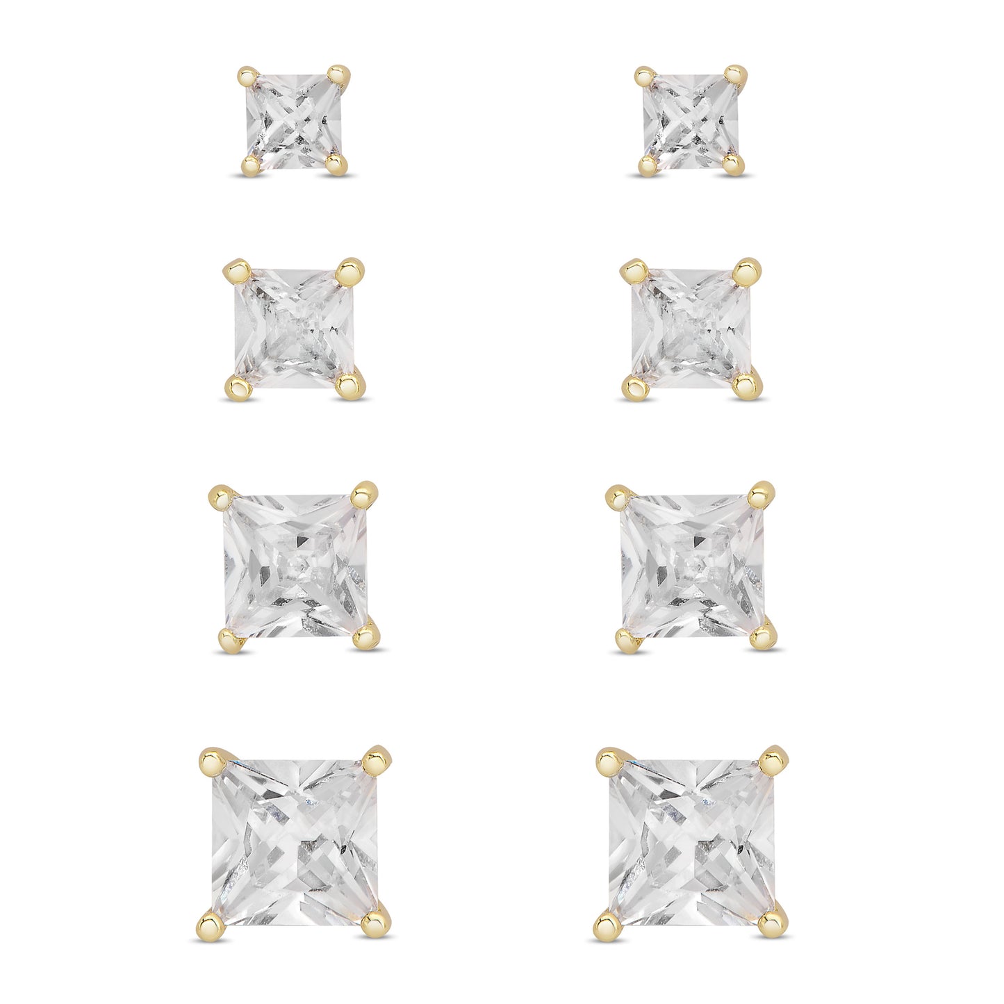 Gold Plated 4 Prs Square CZ Stud Earring Set