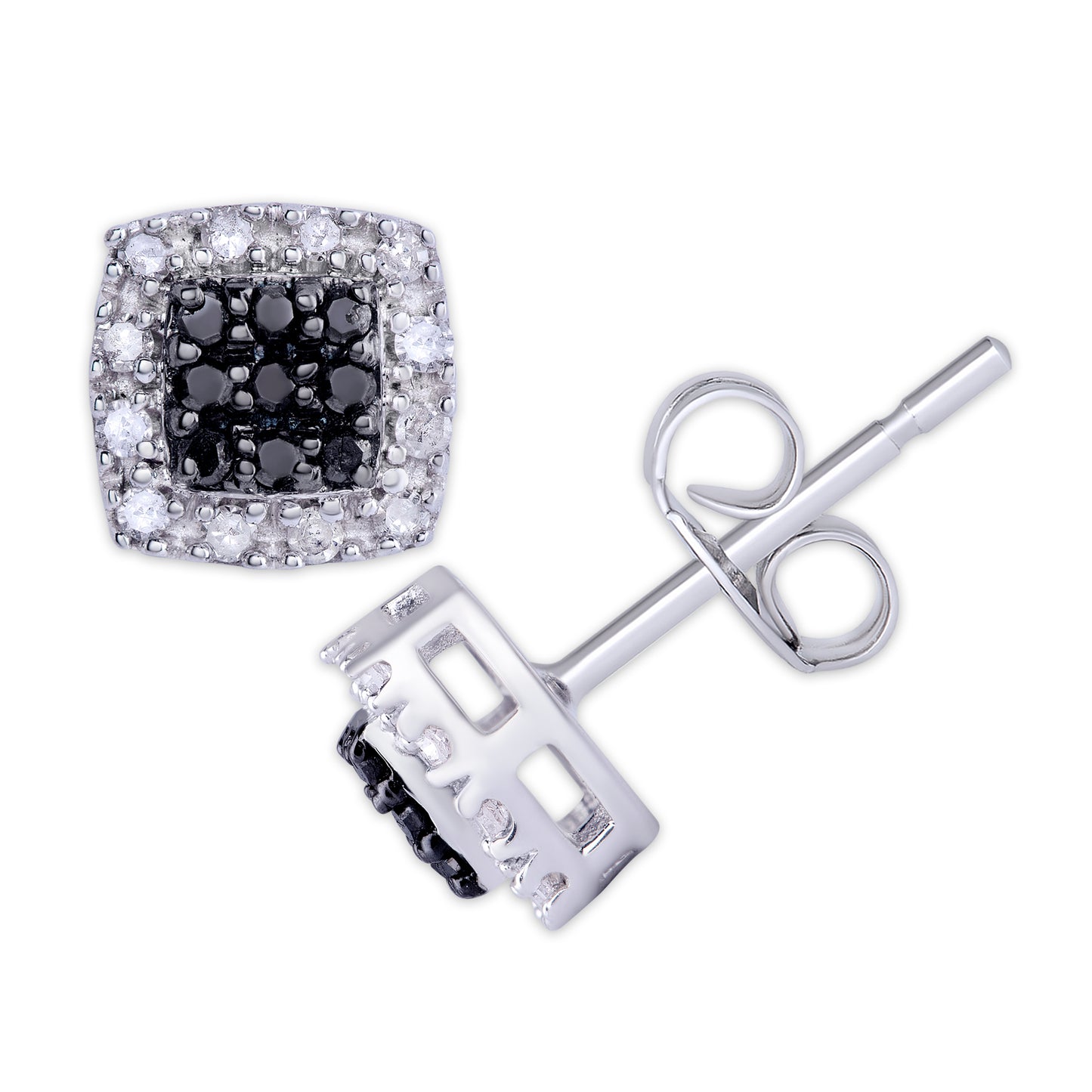 Sterling Silver 1/3 ct Black and White Diamond Square Stud Earring