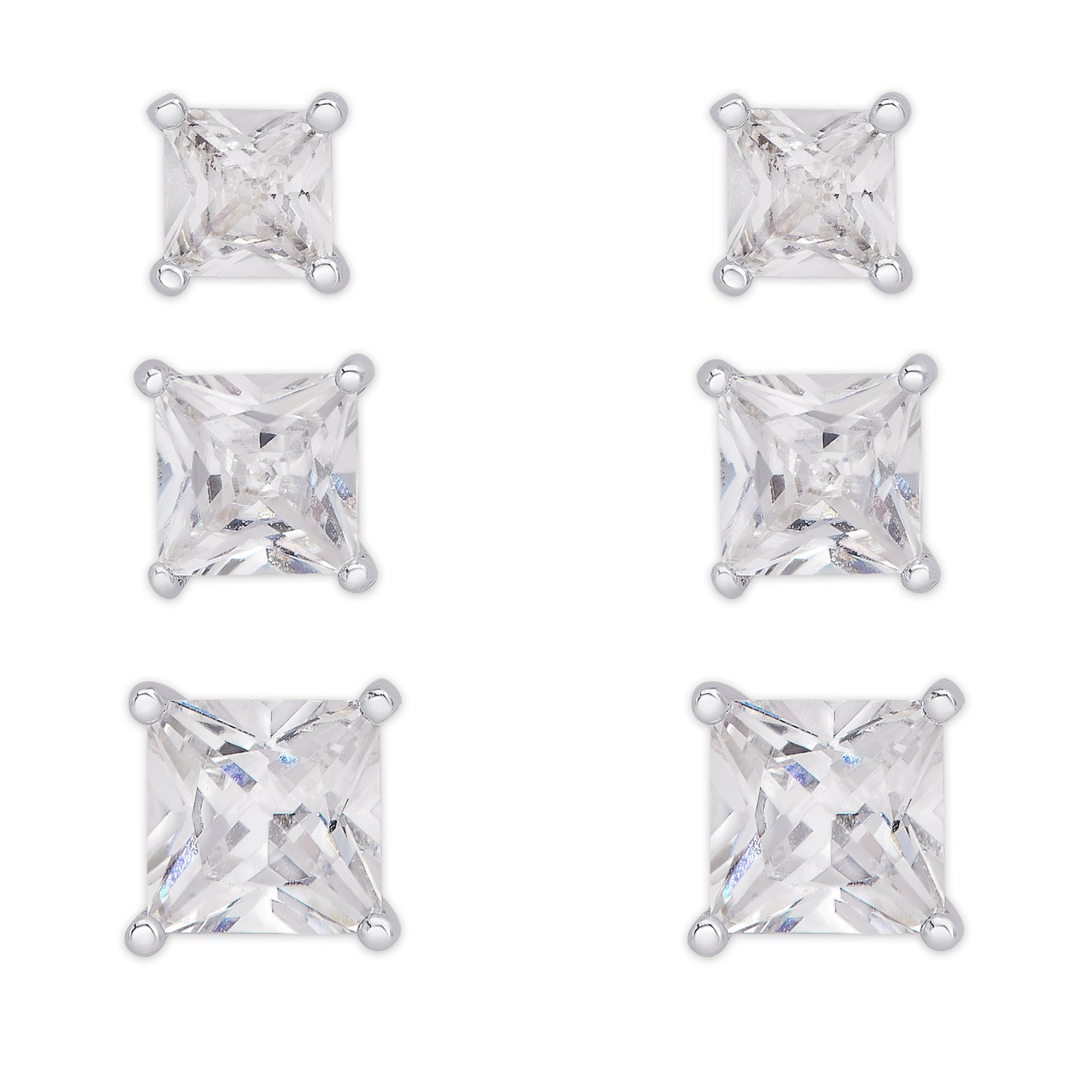 Silver Plated 3 Prs Square Cubic Zirconia Stud Earring Set