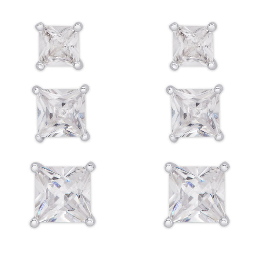 Silver Plated 3 Prs Square Cubic Zirconia Stud Earring Set