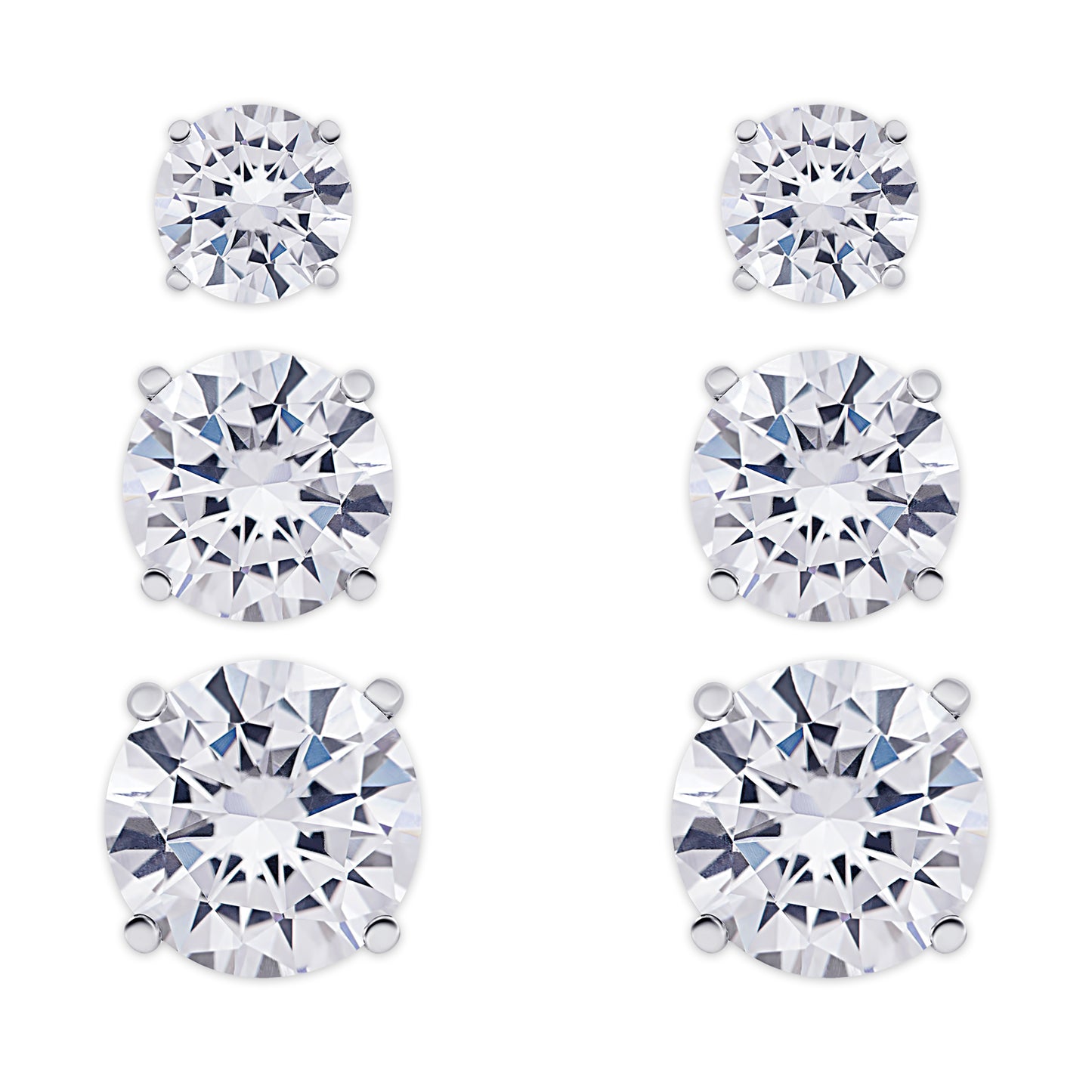 Silver Plated 3 Prs Round Cubic Zirconia Stud Earring Set