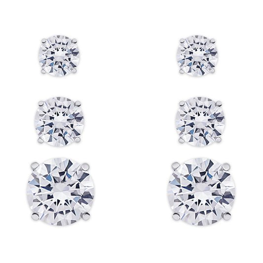 Silver Plated 3 Prs Small Round Cubic Zirconia Stud Earring Set