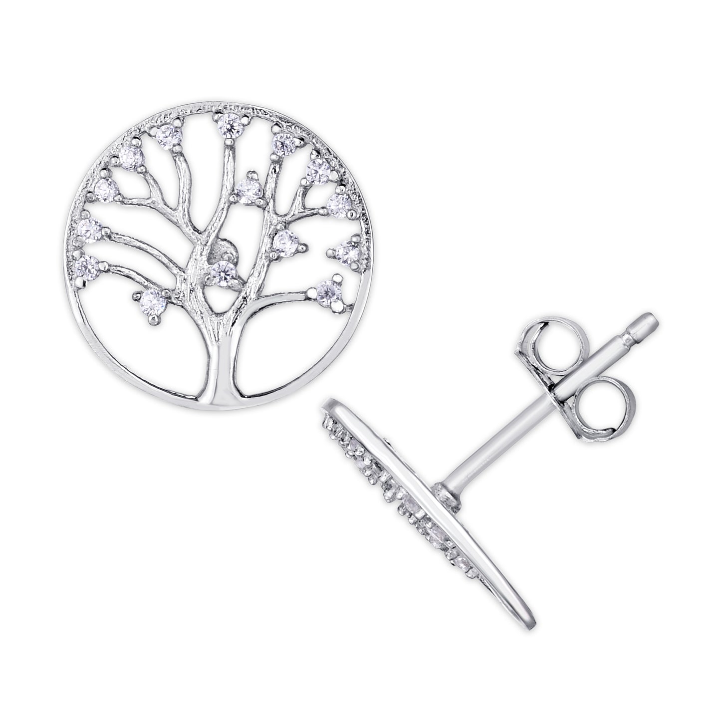 Silver Plated Cubic Zirconia Tree of Life Stud Earrings