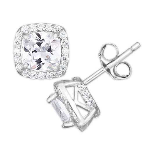 Silver Plated Cubic Zirconia Cushion Halo Stud Earrings