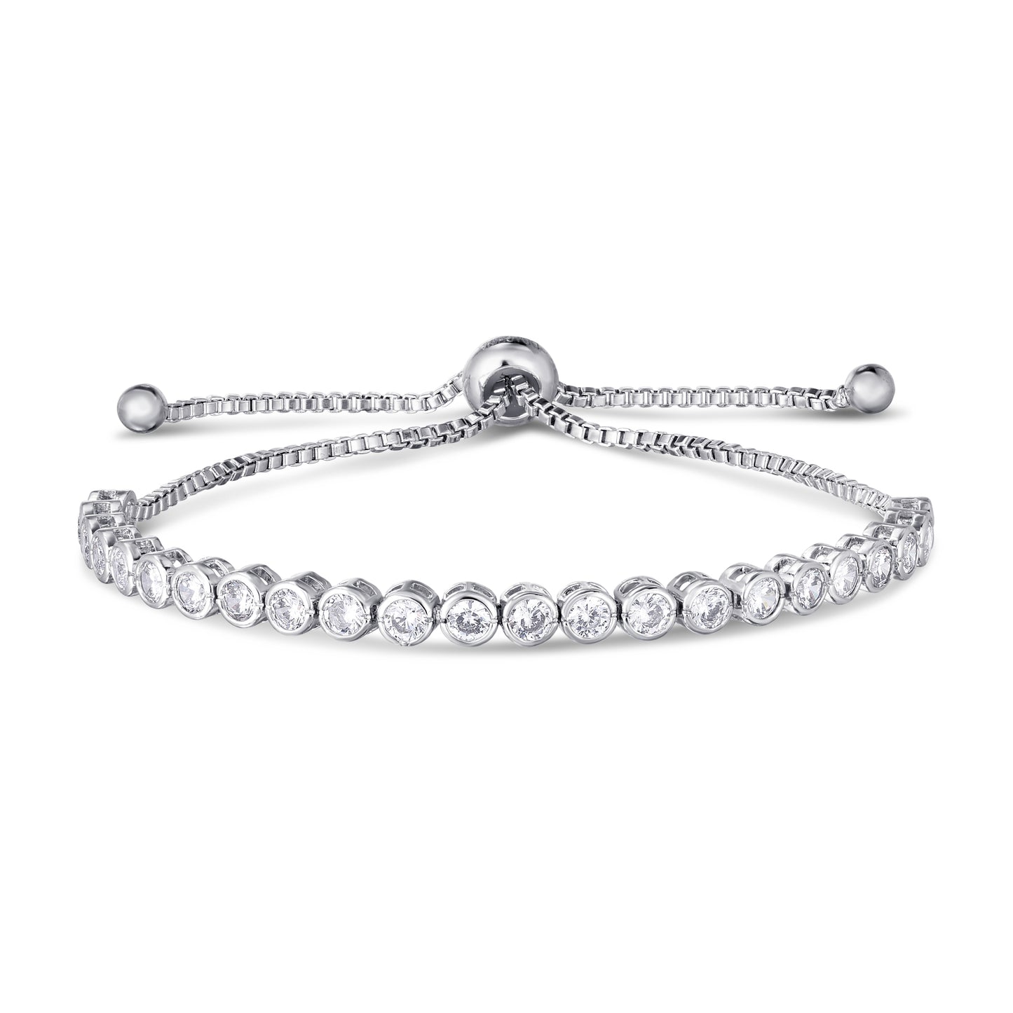 Silver-Plated Cubic Zirconia Round Bezel Adjustable Bracelet