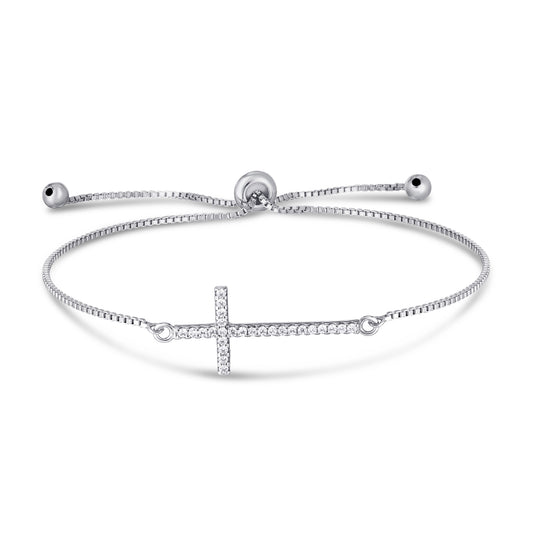 Silver-Plated Cubic Zirconia Cross Adjustable Bracelet