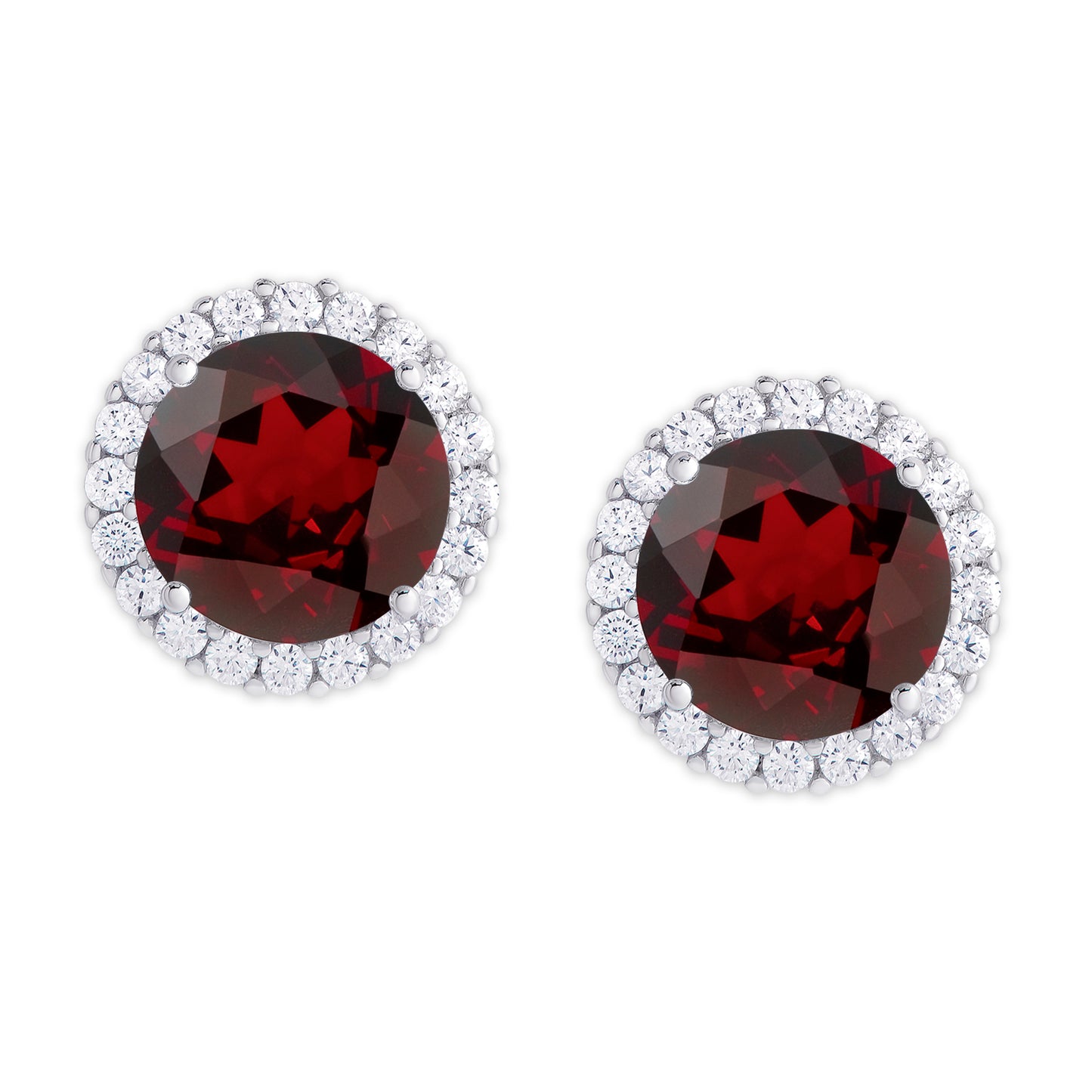 Silver Plated Round Simulated Garnet & CZ Halo Stud Earrings