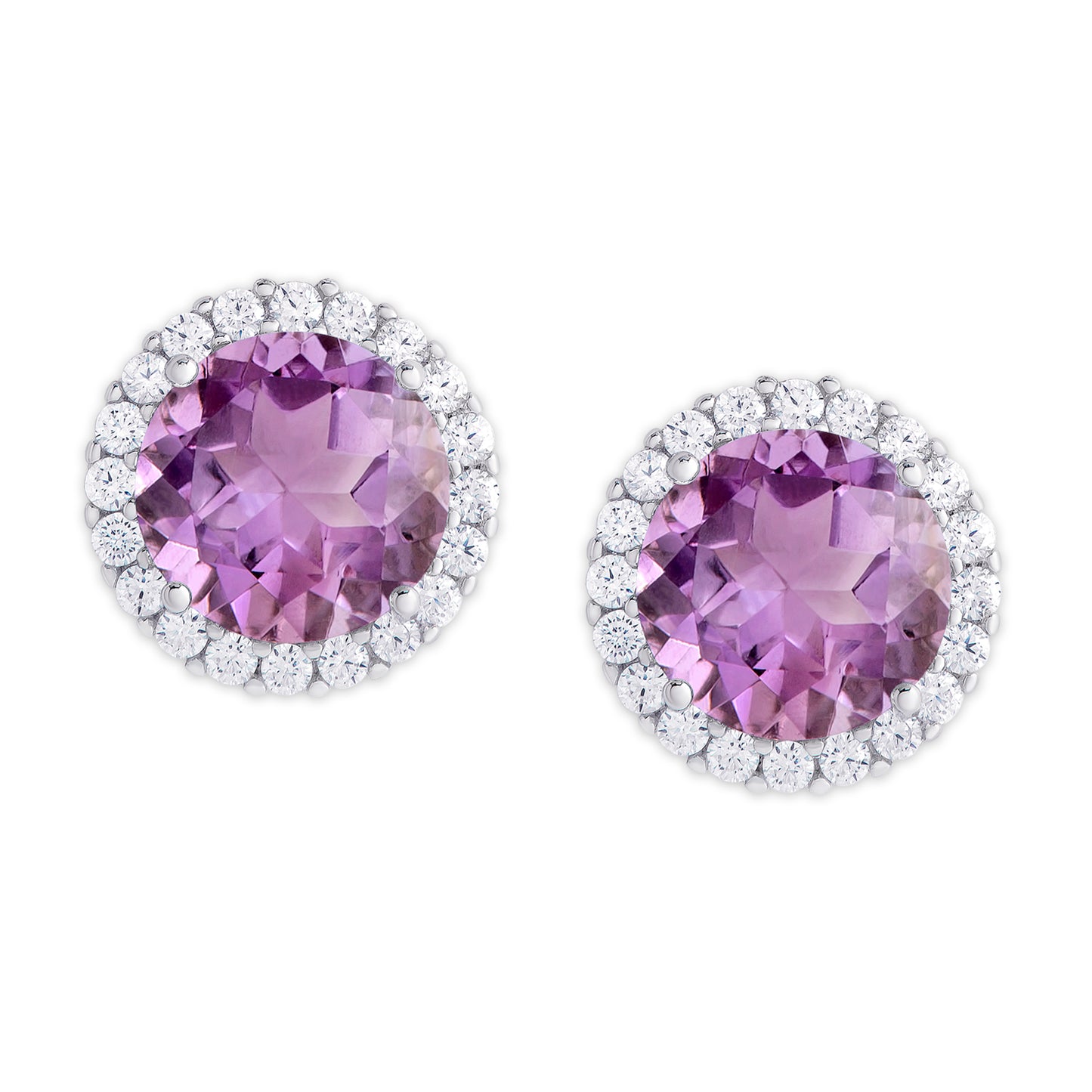 Silver Plated Round Simulated Amethyst & CZ Halo Stud Earrings