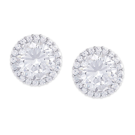 Silver Plated Round Simulated White Topaz & CZ Halo Stud Earrings