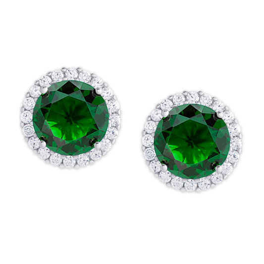 Silver Plated Round Simulated Emerald & CZ Halo Stud Earrings