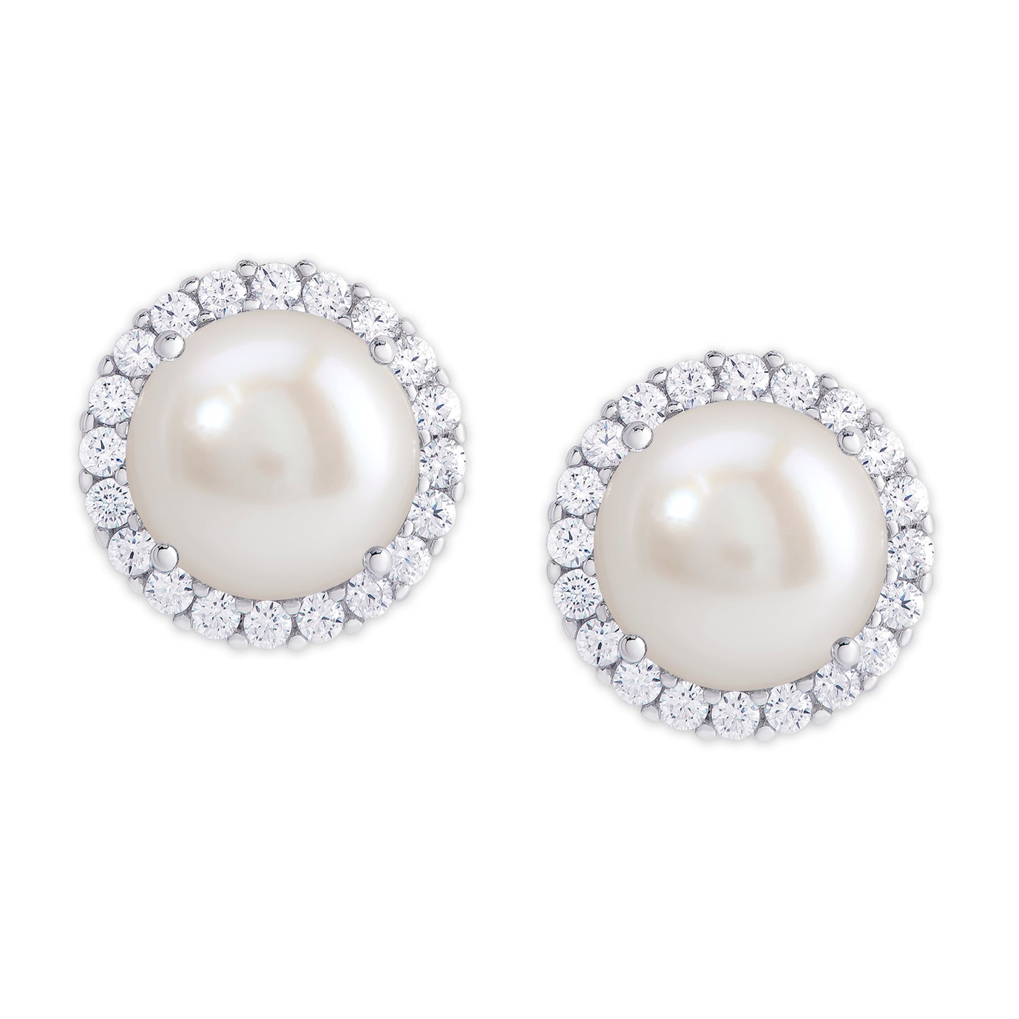 Silver Plated Round Simulated Pearl & CZ Halo Stud Earrings